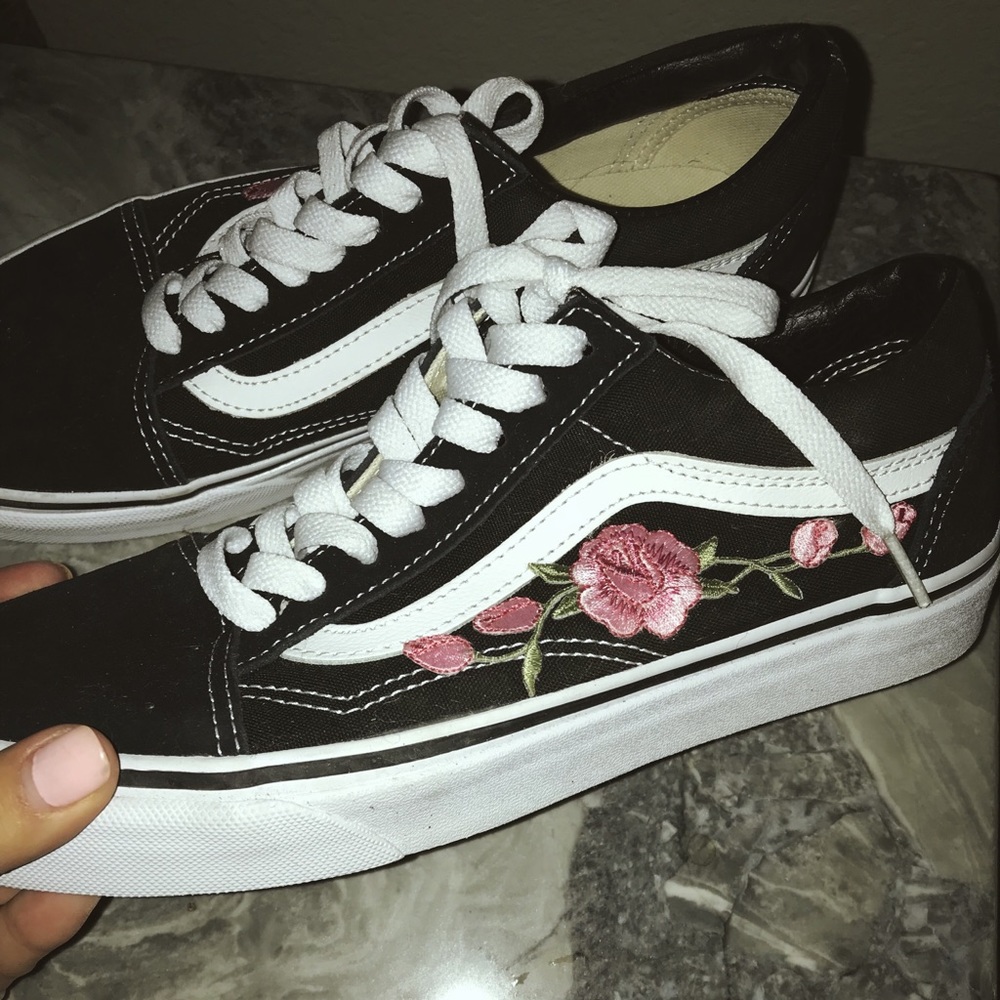 Old school vans with embroidered roses